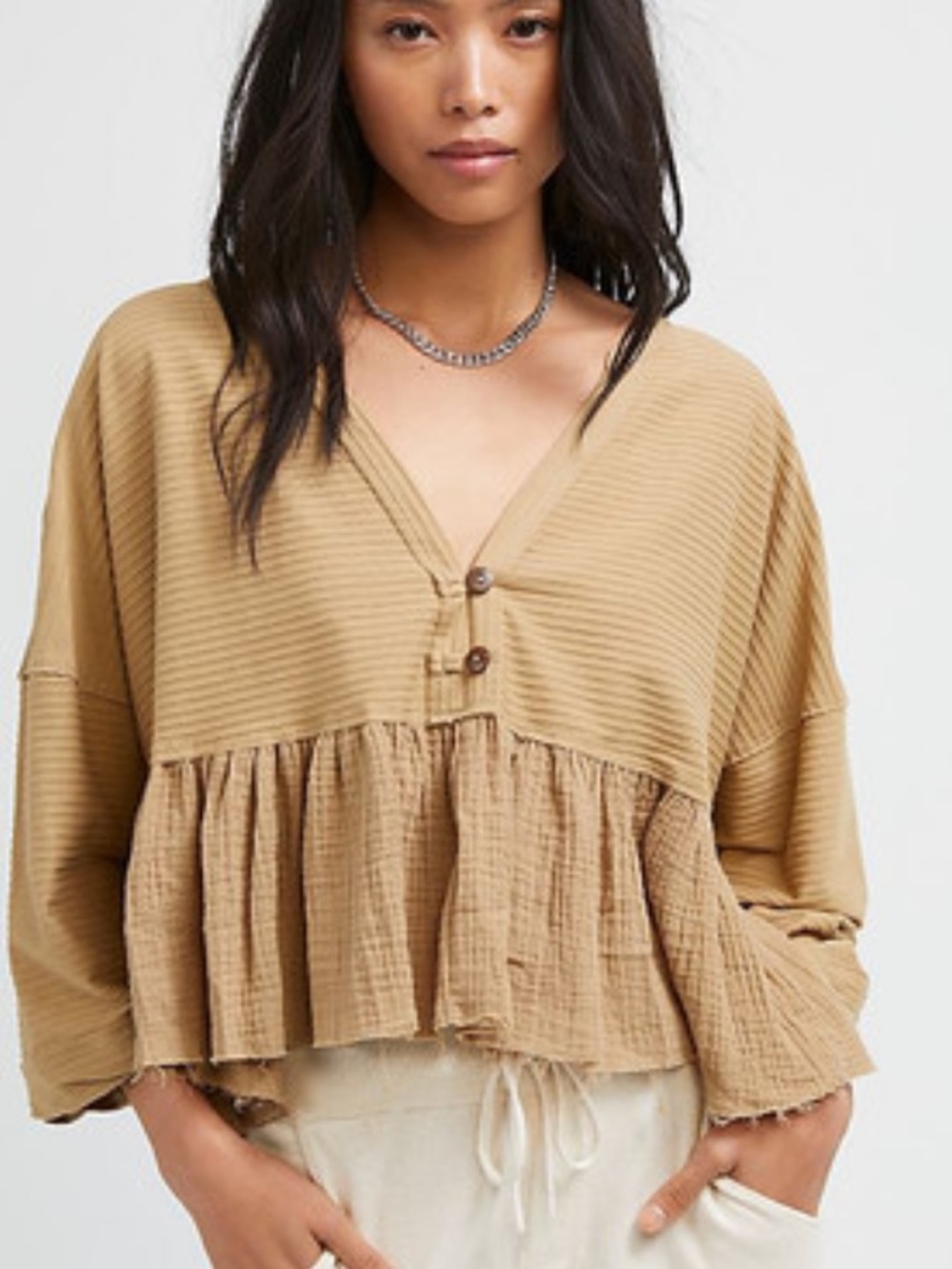 Free People Women's Dallas V-Neck Peplum Long-Sleeve Top in Tan size S